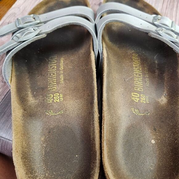 Birkenstock Silver Slide Sandals with‎ Cork Footbed Sz L9 M7 - Picture 9 of 13